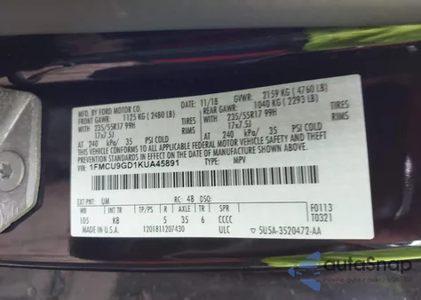 2019 Ford Escape Se из США, поврежденный, VIN 1FMCU9GD1KUA45891